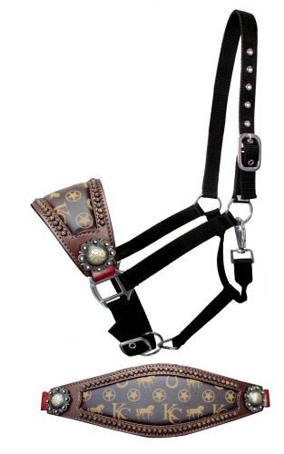 16672KC: Klassy Cowgirl Argentina Cow Leather Bronc Nose Halter with motif inlay Bronc Halter Showman Saddles and Tack