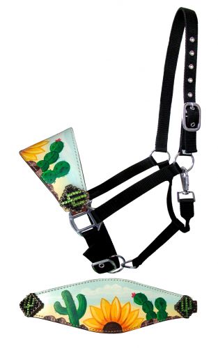 16685: Showman ® Adjustable nylon bronc halter with hand painted sunflower and cactus nose band Bronc Halter Showman