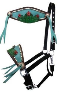 16753: Showman ® Adjustable black nylon bronc halter with painted cactus and 3D flower designed n Bronc Halter Showman