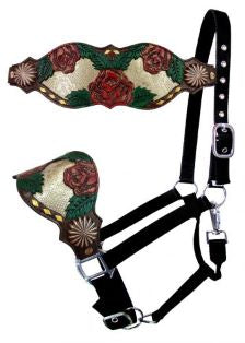 16754: Showman ® Adjustable black nylon bronc halter with gold snake skin and red flower accent n Bronc Halter Showman