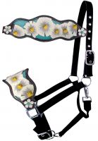 16756: Showman ® Adjustable black nylon bronc halter with white painted poppy flower and teal inl Bronc Halter Showman