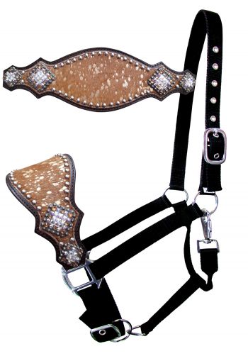 16760: Showman ® Nylon bronc halter with hair on cowhide and silver bead accent Bronc Halter Showman