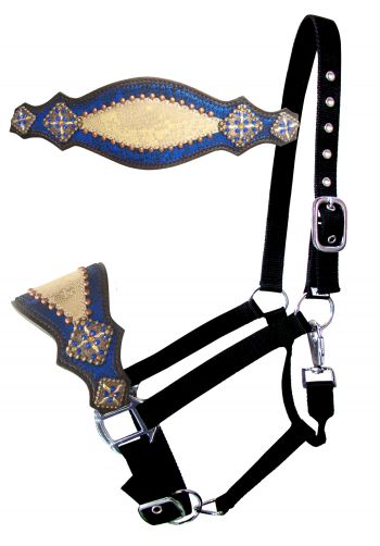 16763: Showman ® Nylon bronc halter with royal blue and gold metallic print inlay Bronc Halter Showman