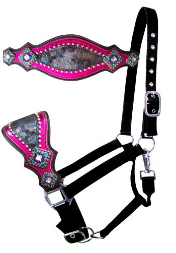 16764: Showman ® Nylon bronc halter with rainbow metallic print print and pink metallic leather ac Bronc Halter Showman