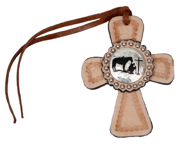 175211: Tie on leather cross with Praying cowboy concho and silver beads Primary Showman Saddles and Tack