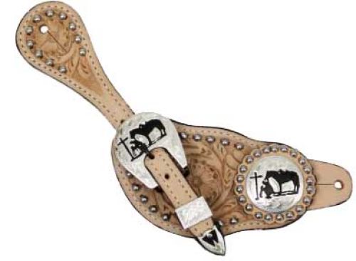 175284LX: Showman™ Ladie's size floral tooled leather spur straps Spur Straps Showman