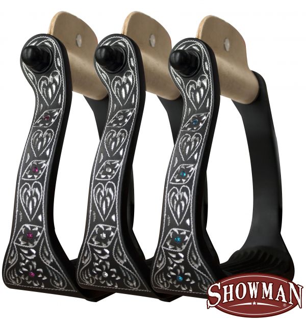 175564: Showman ® Black engraved aluminum stirrups with rhinestones Stirrups Showman