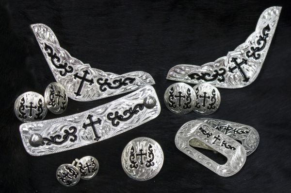 175656: 12 piece engraved Celtic cross silver trim kit Replacement Trim Kit Showman Saddles and Tack