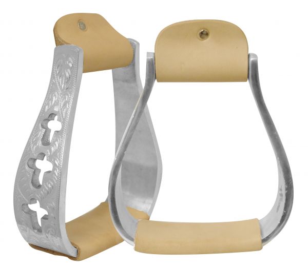 175749: Showman ® Light weight engraved polished aluminum stirrups with cut out cross design Stirrups Showman