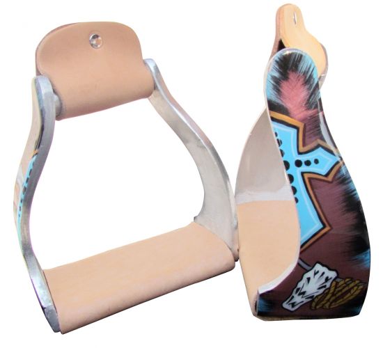 176540: Showman ® Lightweight twisted angled aluminum stirrups with cross and steer head design Stirrups Showman