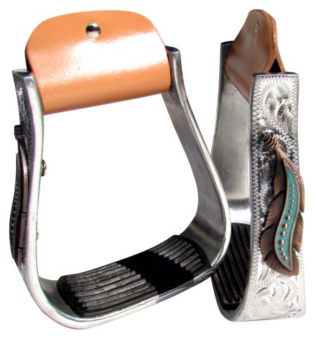 176567: Showman ® Silver Engraved Stirrups with copper and teal feather concho on top of the engra Stirrups Showman