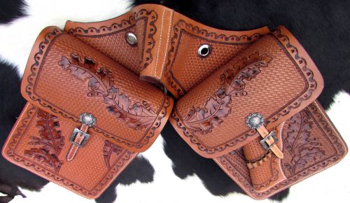 176861: Showman ® Basketweave tooled leather saddle bag with 22 caliber gun holster Saddle Bag Showman