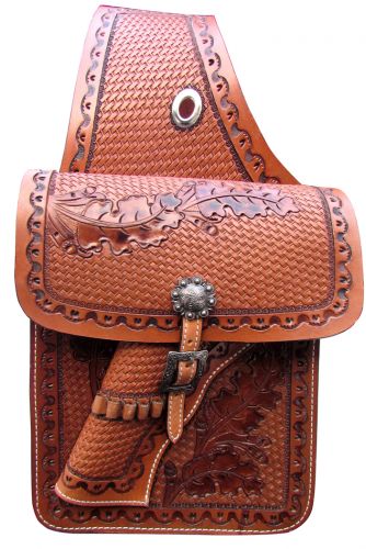 176861: Showman ® Basketweave tooled leather saddle bag with 22 caliber gun holster Saddle Bag Showman