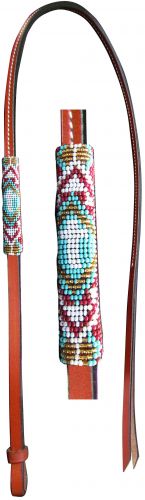 176920: Showman® 4ft Leather over & under whip with teal, red, and gold cross designed beaded over Whip Showman