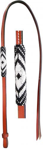 176921: Showman® 4ft Leather over & under whip with black and white beaded overlay Whip Showman