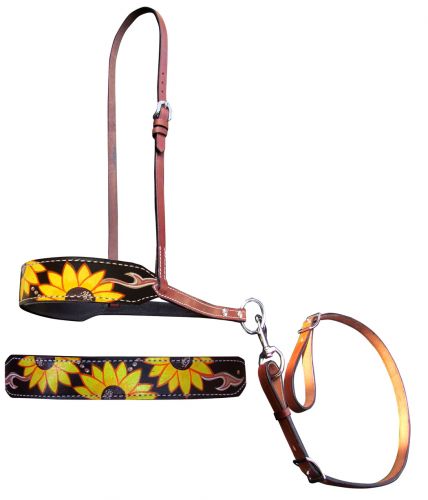 176948: Showman ® Hand Painted Sunflower and leather print leather tie down noseband and strap Tie Down Showman