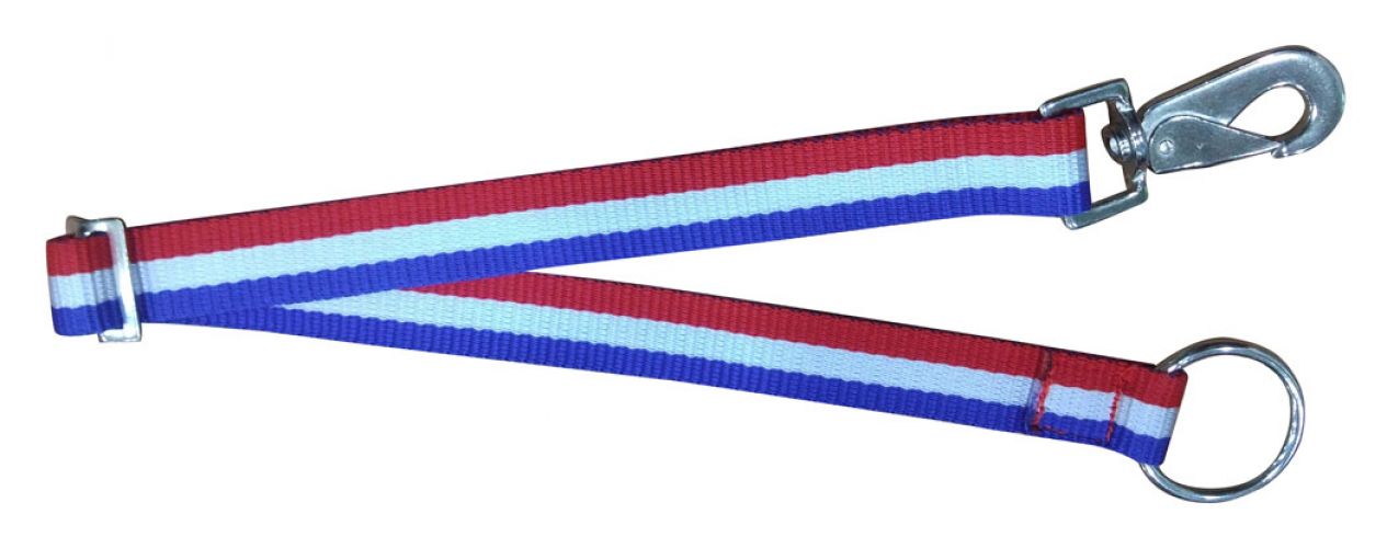 177013: Showman® 1" Red, White, and Blue nylon adjustable bucket hanger with snap and ring Bucket Hanger Showman