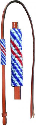 177016: Showman® 4ft Leather over & under whip with red, white, and blue beaded overlay Whip Showman