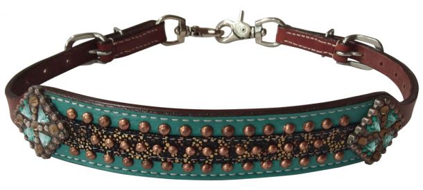 177025: Showman ® Gold Metallic cheetah print wither strap with teal accent and beading Primary Showman
