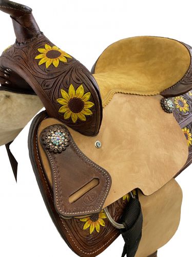 189012: 12" Double T Barrel Style Saddle with hand painted sunflower design comes complete with m Youth Saddle Double T