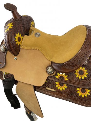 189012: 12" Double T Barrel Style Saddle with hand painted sunflower design comes complete with m Youth Saddle Double T