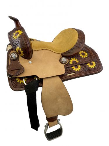 189012: 12" Double T Barrel Style Saddle with hand painted sunflower design comes complete with m Youth Saddle Double T