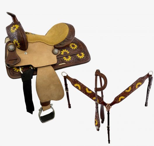 189012: 12" Double T Barrel Style Saddle with hand painted sunflower design comes complete with m Youth Saddle Double T