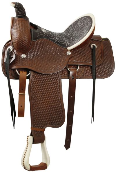 1899: Fully tooled basketweave tooling, Roping Style saddle WITH a warranty for roping Primary Showman Saddles and Tack