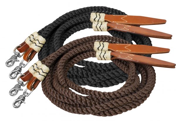 19082: Showman ® 8ft rolled nylon split reins with leather poppers Reins Showman