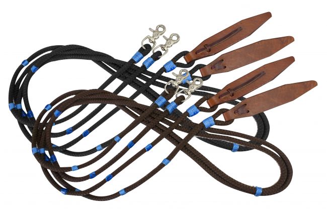 19095: Showman ® 8ft braided nylon reins with large leather poppers Reins Showman