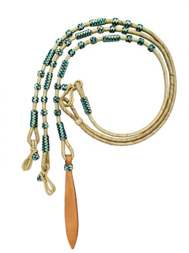 19404: Showman ® Braided Natural Rawhide Romal Reins with Leather Popper and Blue Rawhide Beads Reins Showman