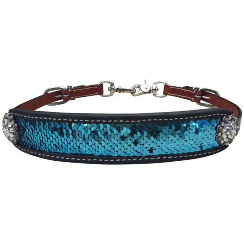 19603: Showman ® Medium leather wither strap with teal and silver sequins inlay Wither Strap Showman
