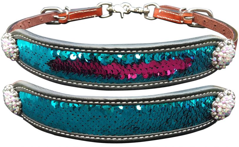 19604: Showman ® Medium leather wither strap with teal and pink sequins inlay Wither Strap Showman