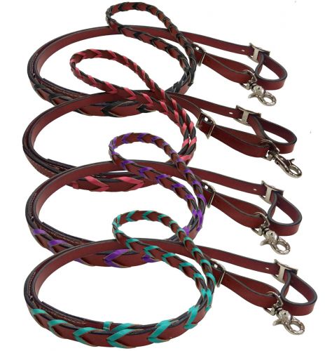 19622: Showman ® 8ft leather braided rein with colored lacing Reins Showman