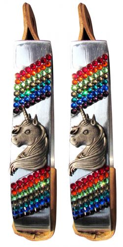 20201: Showman ® Pony/Youth polished aluminum stirrup with unicorn concho and rainbow crystal rhin Stirrups Showman