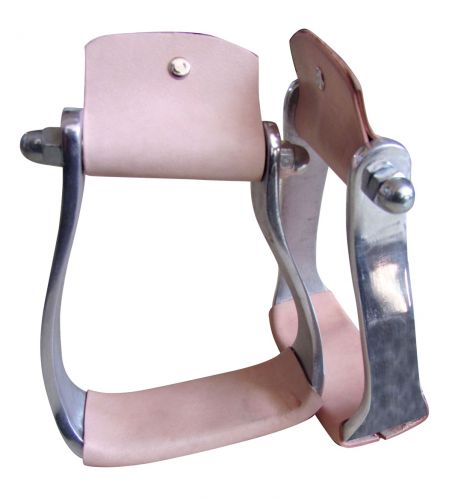 20208: Showman ® Lightweight aluminum slanted pony/youth stirrups with leather tread Stirrups Showman