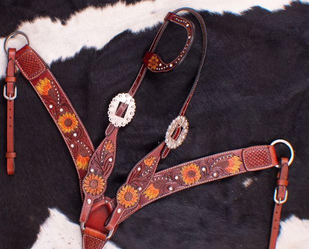 202138: Showman ® Hand Painted Sunflower Single Ear Headstall and Breast collar Set Headstall & Breast Collar Set Showman