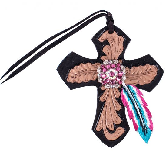 202284: Showman ® Black Tie On Leather Cross with Pink and Turquoise Feather Primary Showman