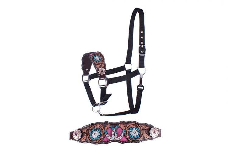 202309: Showman ® Adjustable nylon bronc halter with hand painted horse shoes and floral nose ban Bronc Halter Showman