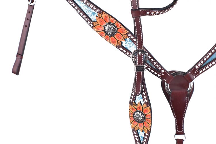 202520: Showman ® Hand painted sunflower One ear bridle and breast collar set with silver filigree Headstall & Breast Collar Set Showman
