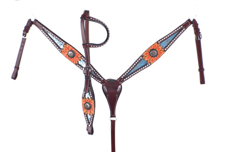 202520: Showman ® Hand painted sunflower One ear bridle and breast collar set with silver filigree Headstall & Breast Collar Set Showman