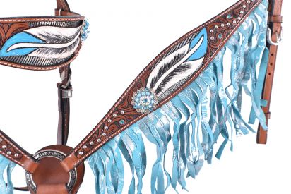 202526: Showman ® Hand painted feather design browband headstall and breast collar set with crysta Headstall & Breast Collar Set Showman