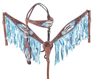 202526: Showman ® Hand painted feather design browband headstall and breast collar set with crysta Headstall & Breast Collar Set Showman