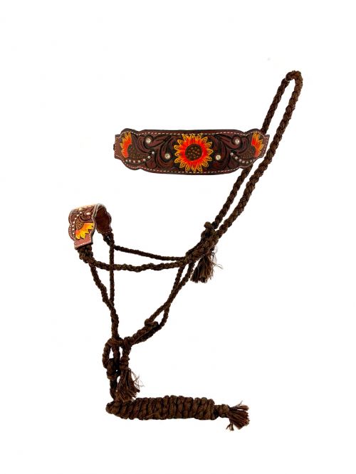 202537: Showman® Woven brown nylon mule tape halter with hand painted sunflower noseband Nylon Halter Showman