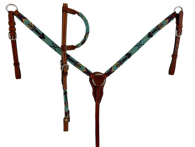 202541: Showman™ Medium oil leather one ear headstall with beaded arrow design Headstall & Breast Collar Set Showman