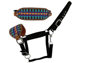 202571: Showman ® Adjustable nylon bronc halter with southwest design noseband in teal and brown Bronc Halter Showman