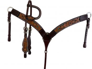 202587: Showman ® Floral tooled design one ear bridle and breast collar set with buck stitching an Headstall & Breast Collar Set Showman