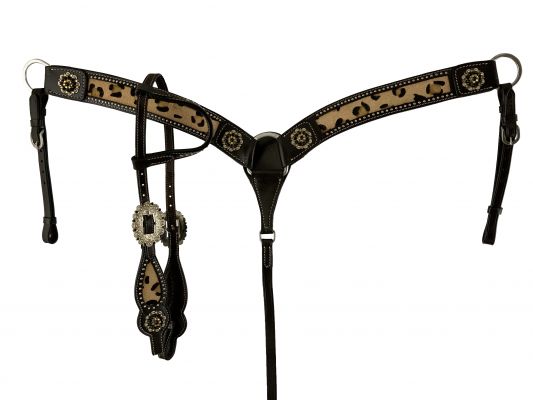 202626: Showman ® Hair on Cheetah inlay One Ear headstall and breast collar set with silver beads Headstall & Breast Collar Set Showman