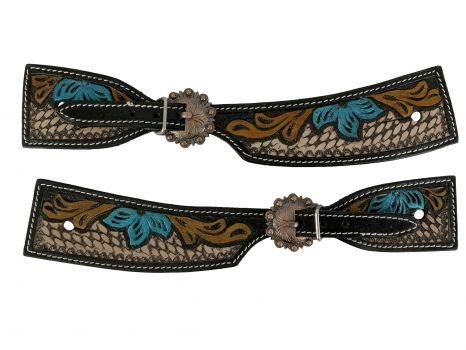 202641: Showman ® Ladies spur straps with painted blue flower on basket tooled leather Spur Straps Showman