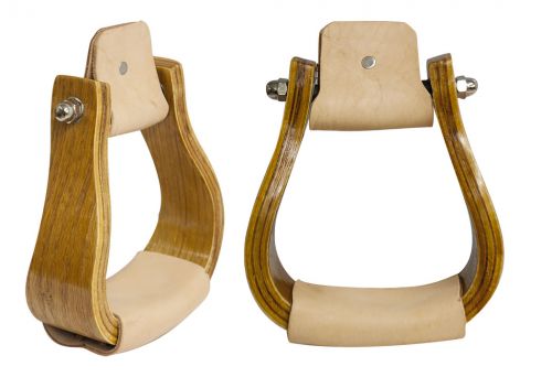 221625: Curved wooden stirrup with leather tread Primary Showman Saddles and Tack